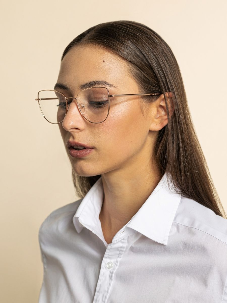 Ella Gold/Bronw Marble - okulary damskie korekcyjne MUSCAT , kształt kocie oko, złote oprawki metalowe